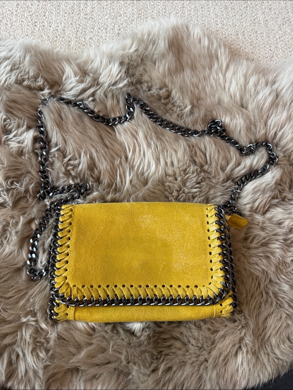 Yellow Suede Pewter Chain-Trim Crossbody Bag